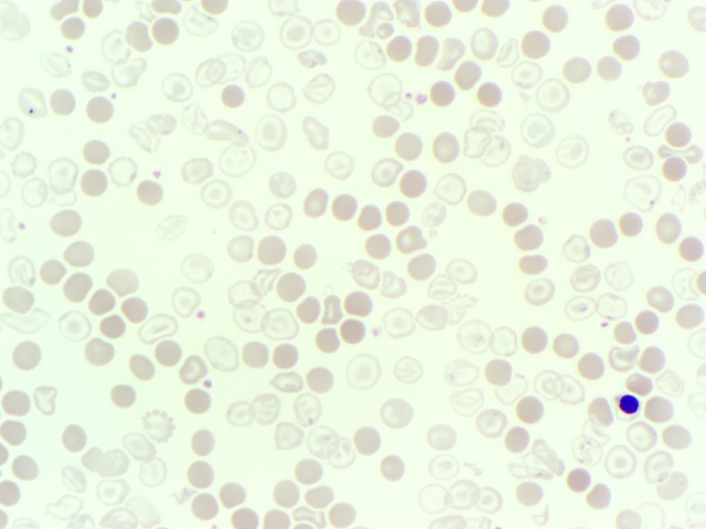 A blood film image from a patient with Beta thalasseamia, showing dimorphic red cells